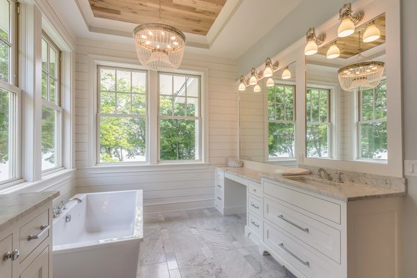 Bright and modern bathroom with large windows.