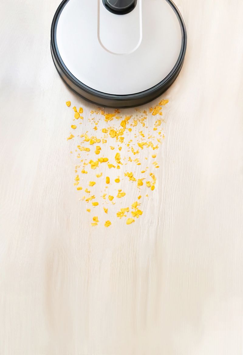 Laminate wooden texture (background) with robotic vacuum cleaner. Robot is ready to clean the floor. The empty pattern for message. Copy space. Smart home, housework, cleaning technology.