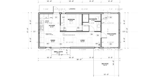 Architectural floor plan of a small house with labeled rooms and dimensions.