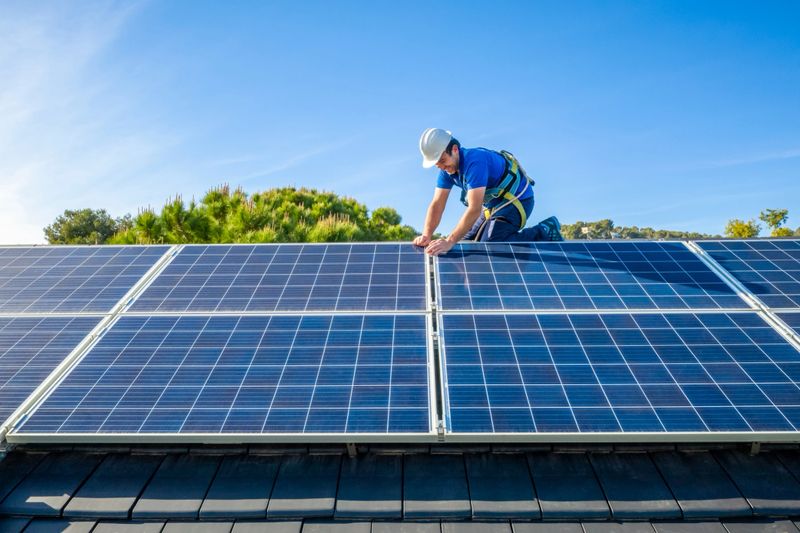 Male engineer in blue suit and protective helmet installing photovoltaic panel system. Professional electrician mounting solar module on roof. Alternative energy ecological concept