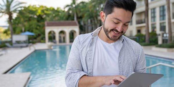 BlueSway Pools technician creating a custom pool service plan.