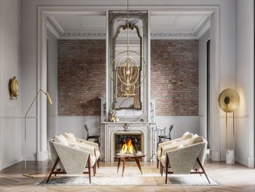 If you long for sophistication, we can help! This elegant living room is refined, yet welcoming as wood burns in the fireplace, and golden modern light fixtures cast shimmer and gleam off a built-in mirror that reaches up to the custom trim, and gold accents. And guess what the best feature is? That mirror opens up to reveal a hidden secret storage compartment that could provide innumerable uses such as a hidden bar, or you could even put a safe behind it to store more sensitive items. Our clients adore our James-Bond-worthy customized safe-room-style creations.
