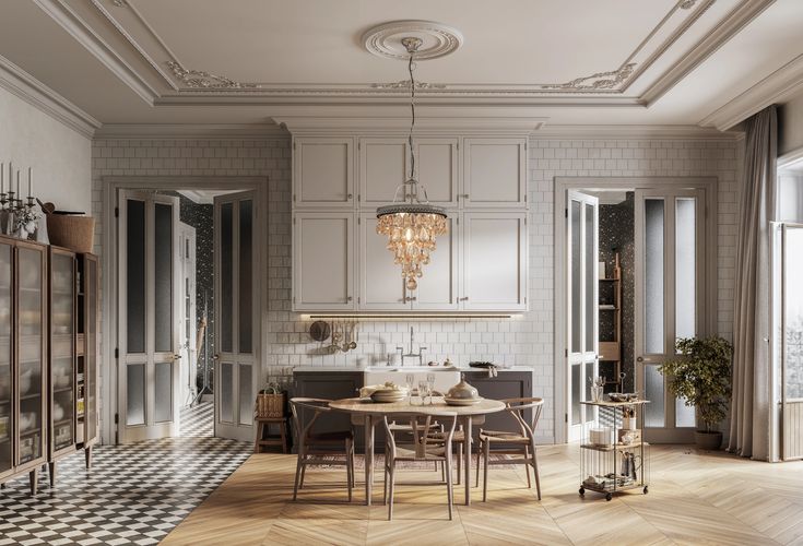 Elegant kitchen dining area with wooden furniture and a crystal chandelier.