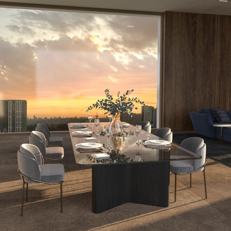 Luxury living and dining room with sunshine and city panorama background. Large window overlooking the night sky, table with dishes. Elegant 3d render illustration bright color interior design.