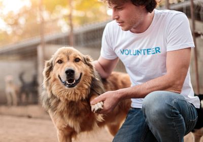 Volunteer man with a happy dog at a shelter.