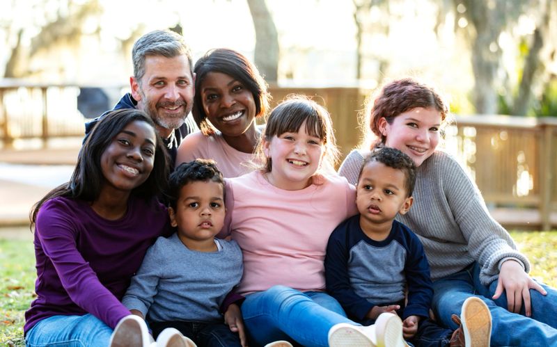 A multi-ethnic blended family at the park on a sunny day, sitting together on the ground on a blanket, posing for a group photo. The mother is African-American and father is Caucasian. Their two little boys are twins, almost 3 years old. The three girls, 11 to 15 years old, are from prior relationships.