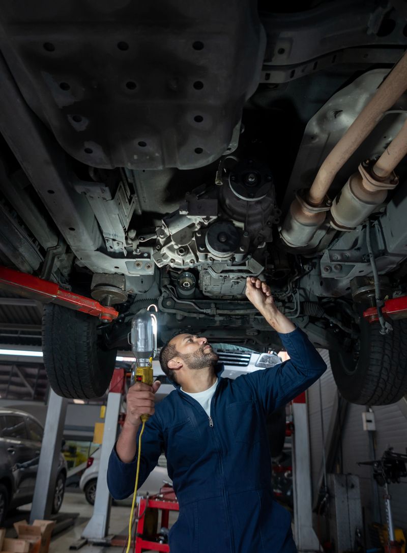 Latin American mechanic working at an auto repair shop fixing a car on a lift and looking at the chassis while holding a lamp
