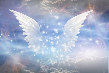 Hands raised with angel wings and radiant light in the background.