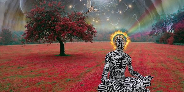 A figure meditating in a surreal landscape with maze patterns and glowing aura.