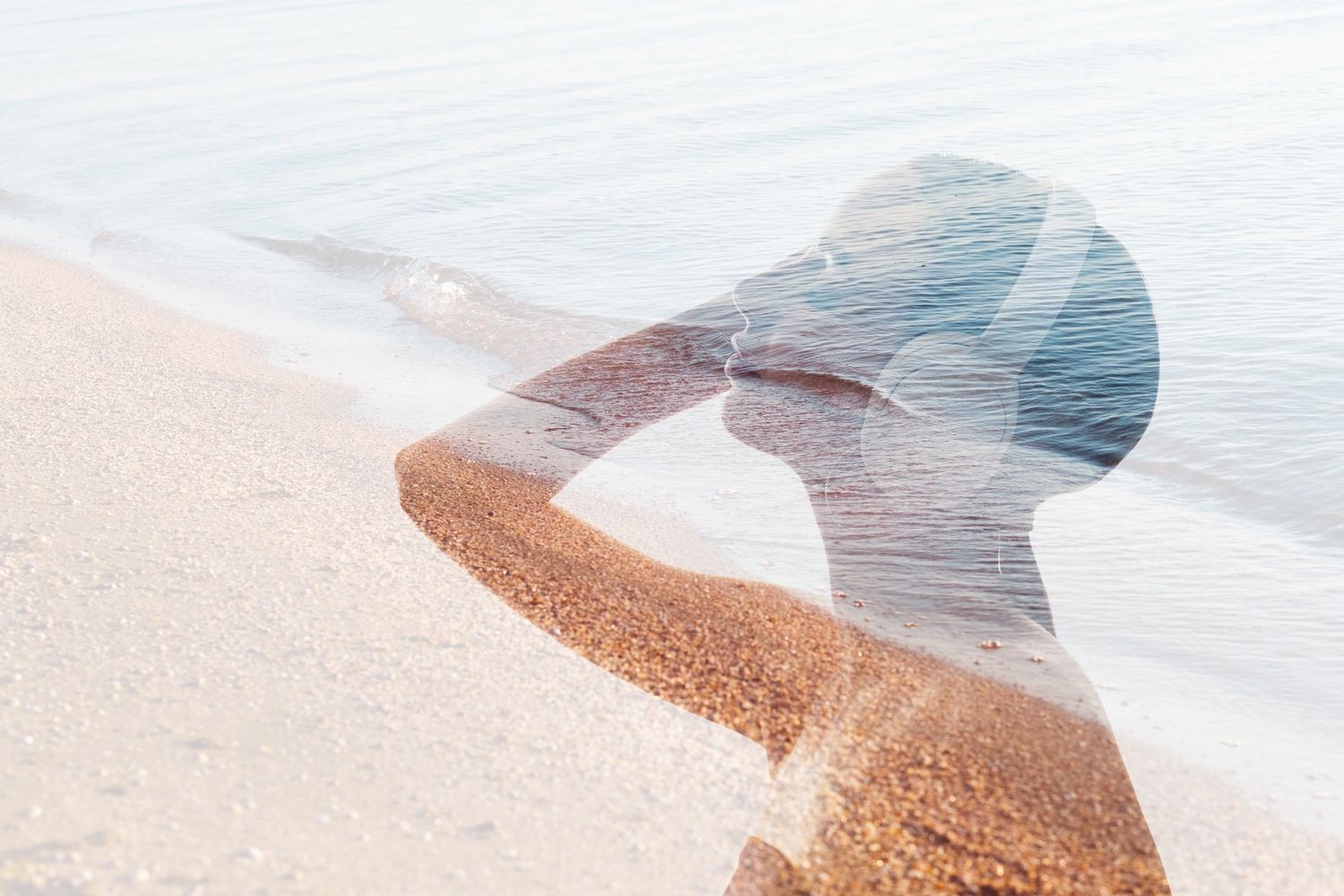Double exposure of a woman with headphones and a serene beach scene.