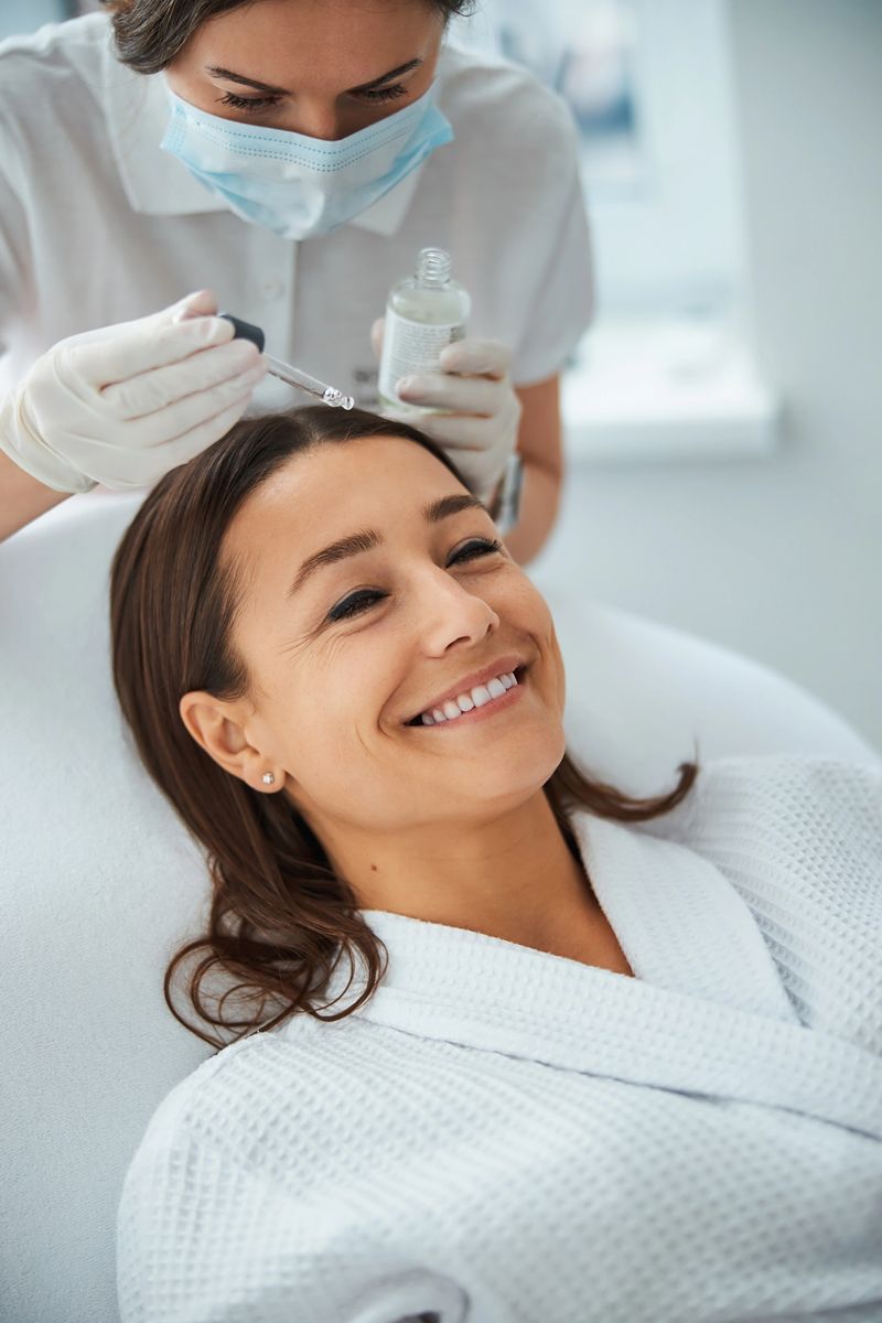 Focused beautician with a pipette and a glass vial leaning over a joyful young woman