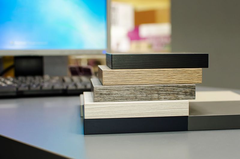 The furniture store presents samples of laminate for the production of furniture. finishing design concept.