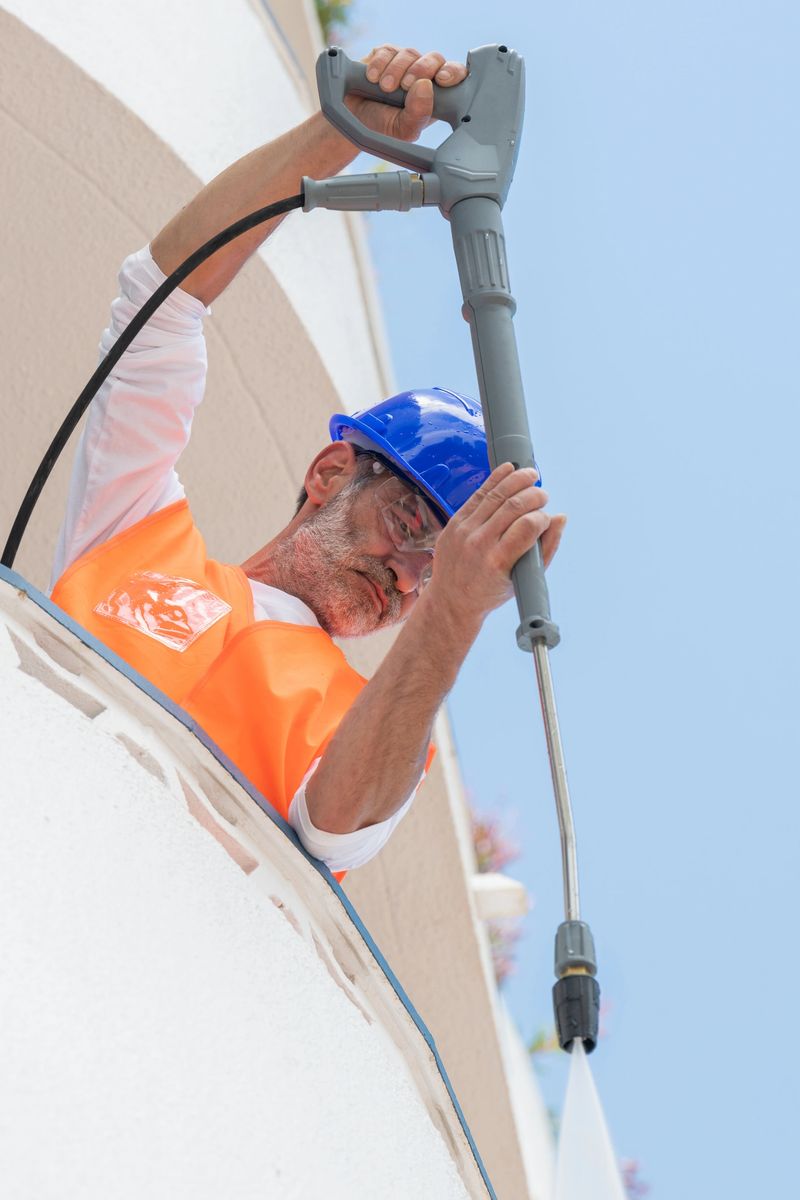 Focused man wearing a hard hat and protective glasses cleaning a balcony wall with a pressure washer. Selective focus. Hard work and safety concept.