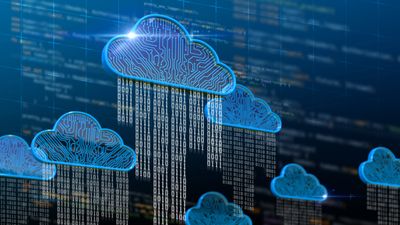 Digital cloud icons with binary code rain on a tech data background.