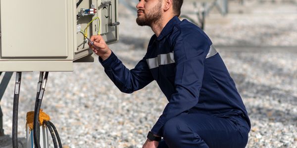 Electrician in blue uniform repairing an outdoor electrical panel.