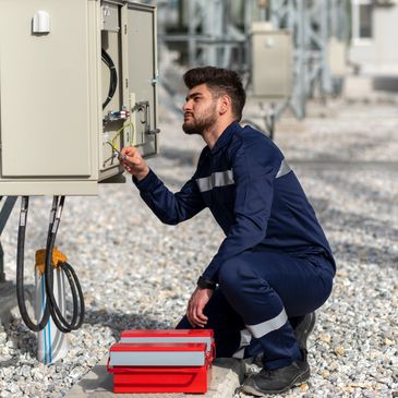 Electrician in blue uniform repairing an outdoor electrical panel.