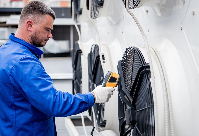 Technician uses a thermal imaging infrared thermometer to check the condensing unit heat exchanger
