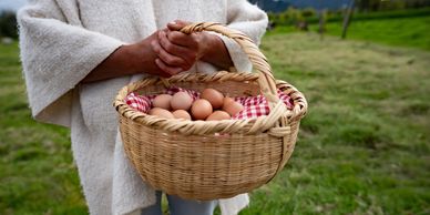 Person holding basket of eggs outdoors.