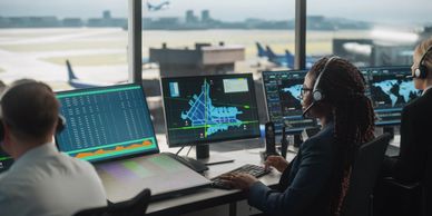 Air traffic controllers monitoring flights at an airport control tower.