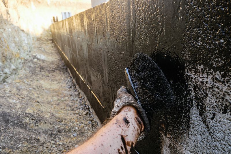 Protective waterproofing coating of walls in contact with the ground with bituminous mastic. Worker hand  applies bitumen mastic on the foundation.