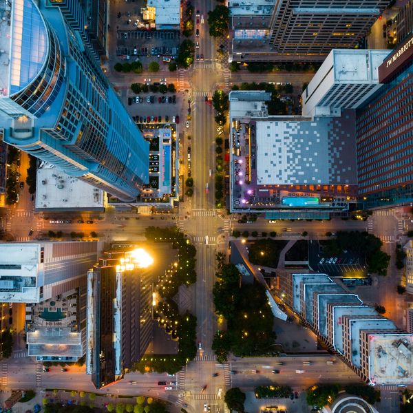 Downtown Austin aerial view showcasing top venues for conferences and live events.