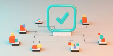 3D checkmark connected to multiple blocks.