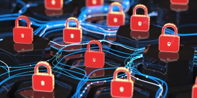 Multiple red padlocks connected by blue digital lines.