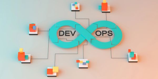 3D DevOps infinity loop with colorful blocks connected.
