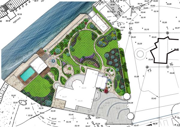 Landscape architectural plan with waterfront and garden layout.