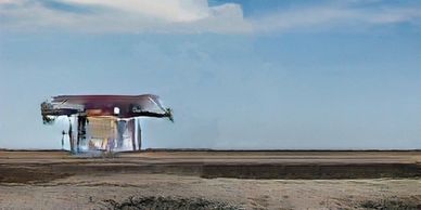 A surreal floating structure over a barren landscape under a blue sky.