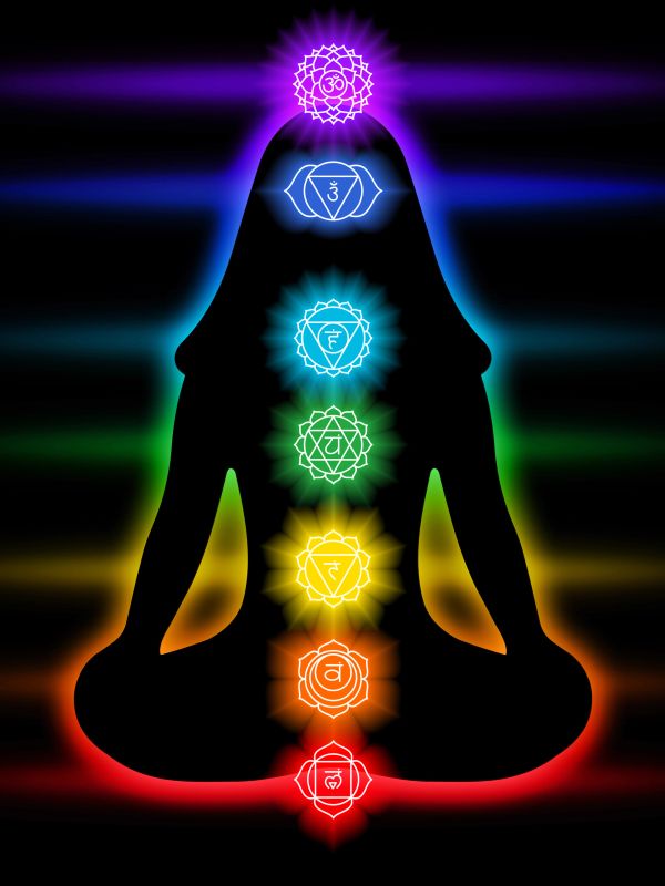 Silhouette meditating with glowing chakras aligned along the spine.