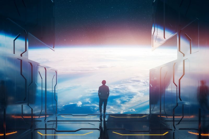 Casual man standing on space platform watching planet Earth. 3D generated image. Earth texture is from Nasa (https://www.nasa.gov/image-feature/sunrise-shadows-over-the-philippine-sea).