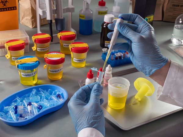 Gloved hands processing urine samples