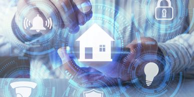 Hands interacting with smart home security icons including lock, shield, and alert symbols.