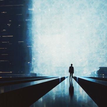 Silhouette of person walking towards bright light in abstract setting.