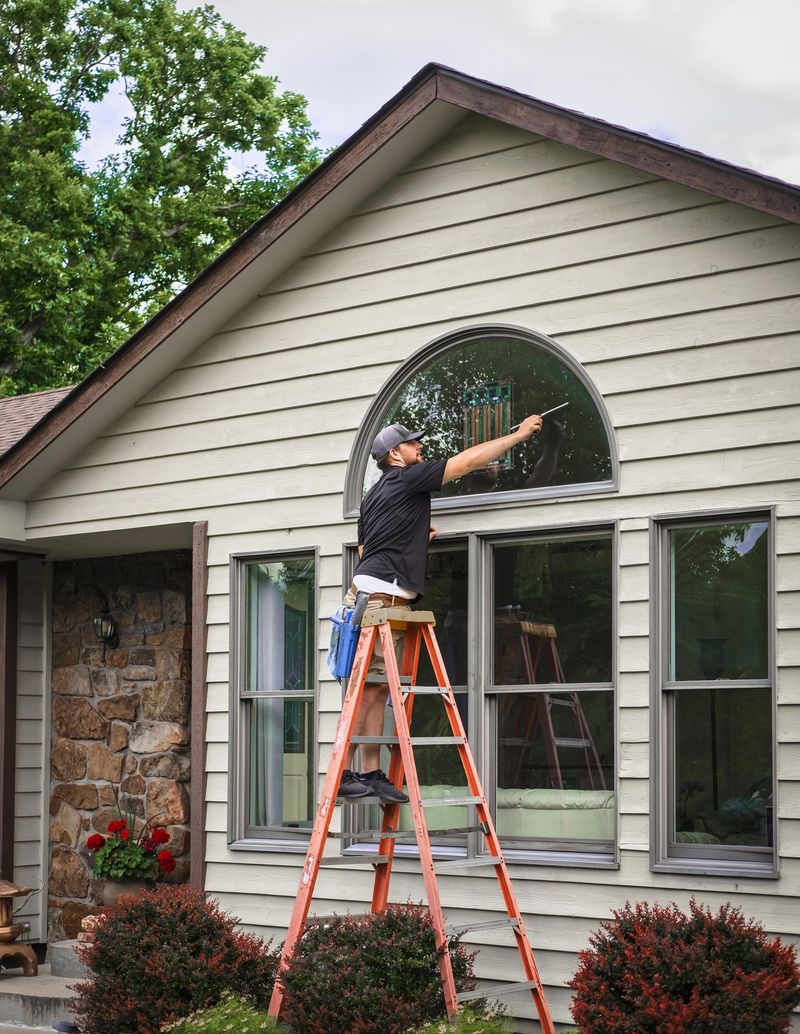 Young man stands on ladder holding squeegee while washing outside windows of Midwestern house in summer