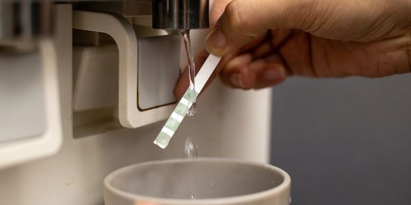 Hand holding a test strip under water from a dispenser into a cup.