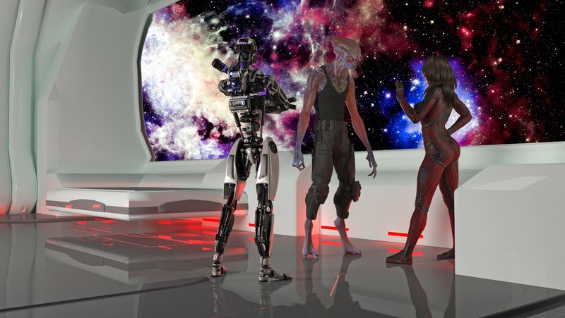 3d illustration of a woman talking to a large alien and a robot with a colorful nebula seen through a window in the background.
