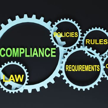 Interconnected gears labeled with compliance, policies, rules, law, and requirements.