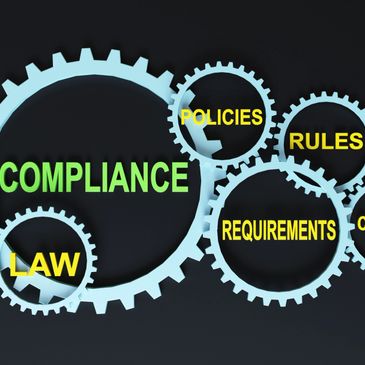 Interconnected gears labeled with compliance, policies, rules, law, and requirements.