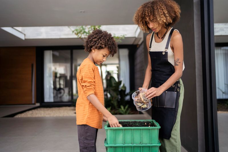 Young woman and her younger brother making compost from kitchen food leftovers into rich organic soil fertilizer.