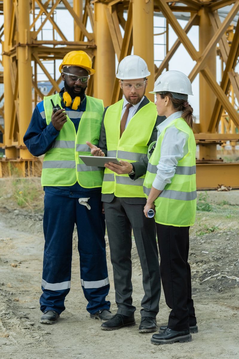 Group of builders discussing sketch on tablet screen at construction site