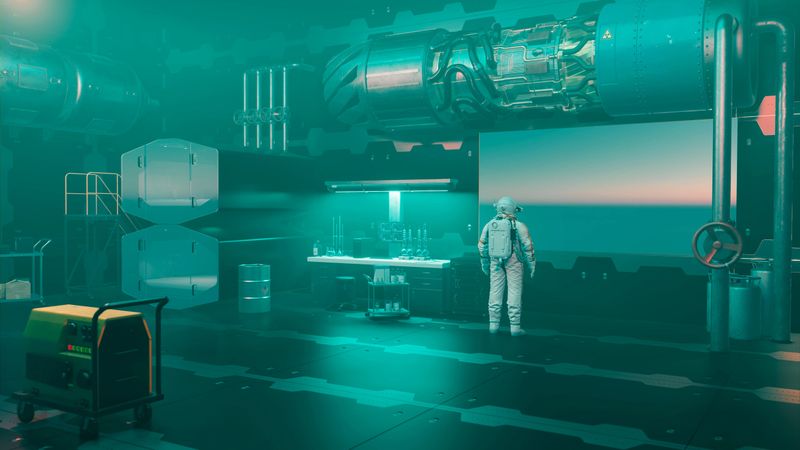 Working in space. Astronaut or scientist wears a space suit and stands in laboratory on either a space station or a space ship. The person looks out of a window. Lots of scientific equipment visible.