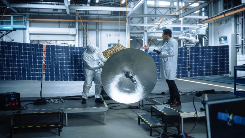 Team of Engineers Working on Satellite Construction. Aerospace Agency: Diverse Group of Scientists Developing Spacecraft for Space Exploration, Navigation, Communications, Galaxy Observation