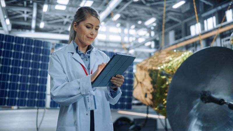 Female Engineer Uses Tablet Computer while Working on Satellite Construction. Aerospace Agency Manufacturing Facility: Scientists Build, Assemble Spacecraft for Space Exploration, Observation Mission