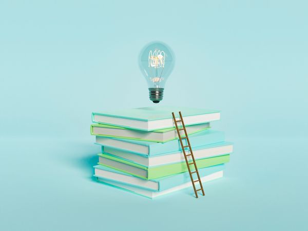 Books stacked with a ladder and glowing light bulb above.