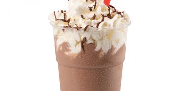Chocolate milkshake with whipped cream and chocolate drizzle in a clear cup.