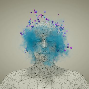 Wireframe human head with colorful particles and blue smoke-like effects.