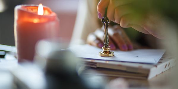 Person sealing envelopes with wax near a lit candle.
