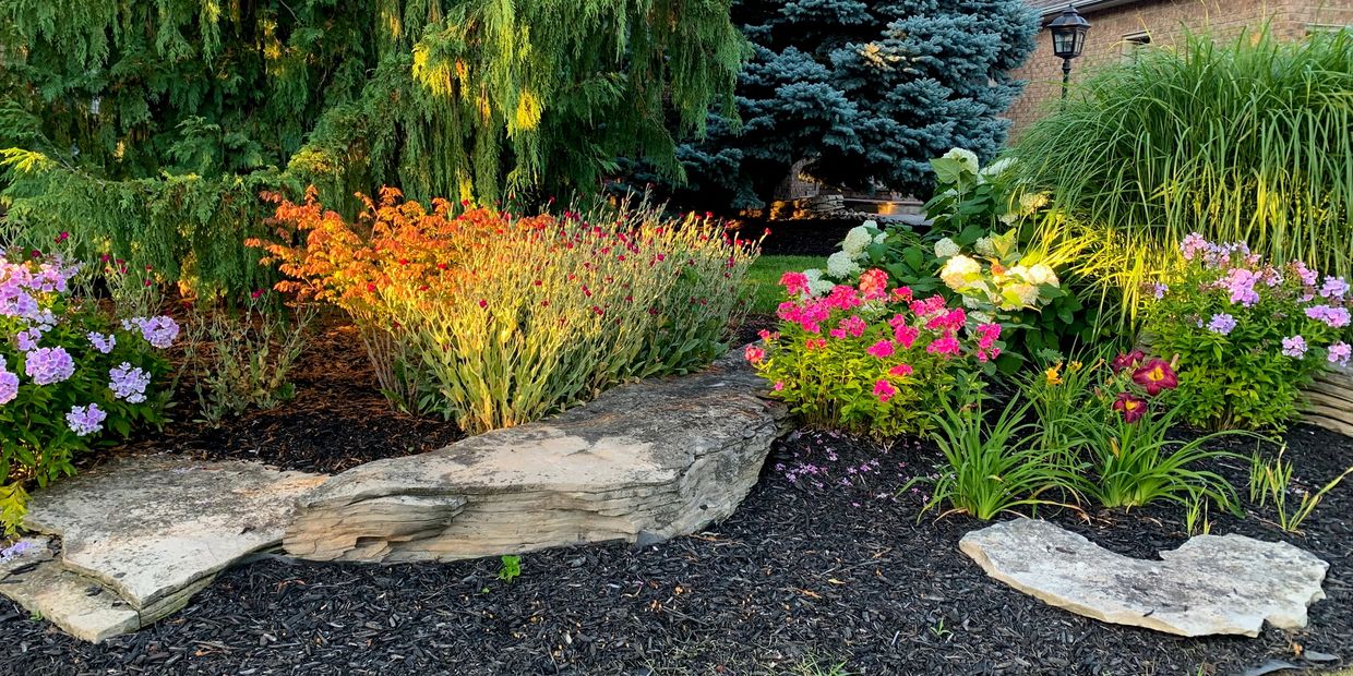 “A freshly cleaned landscape with new mulch, vibrant plants, and a polished, well-maintained look.”